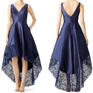 ML Monique Lhuillier V-Neck High-Low Dress, Navy spiderweb, sz 4